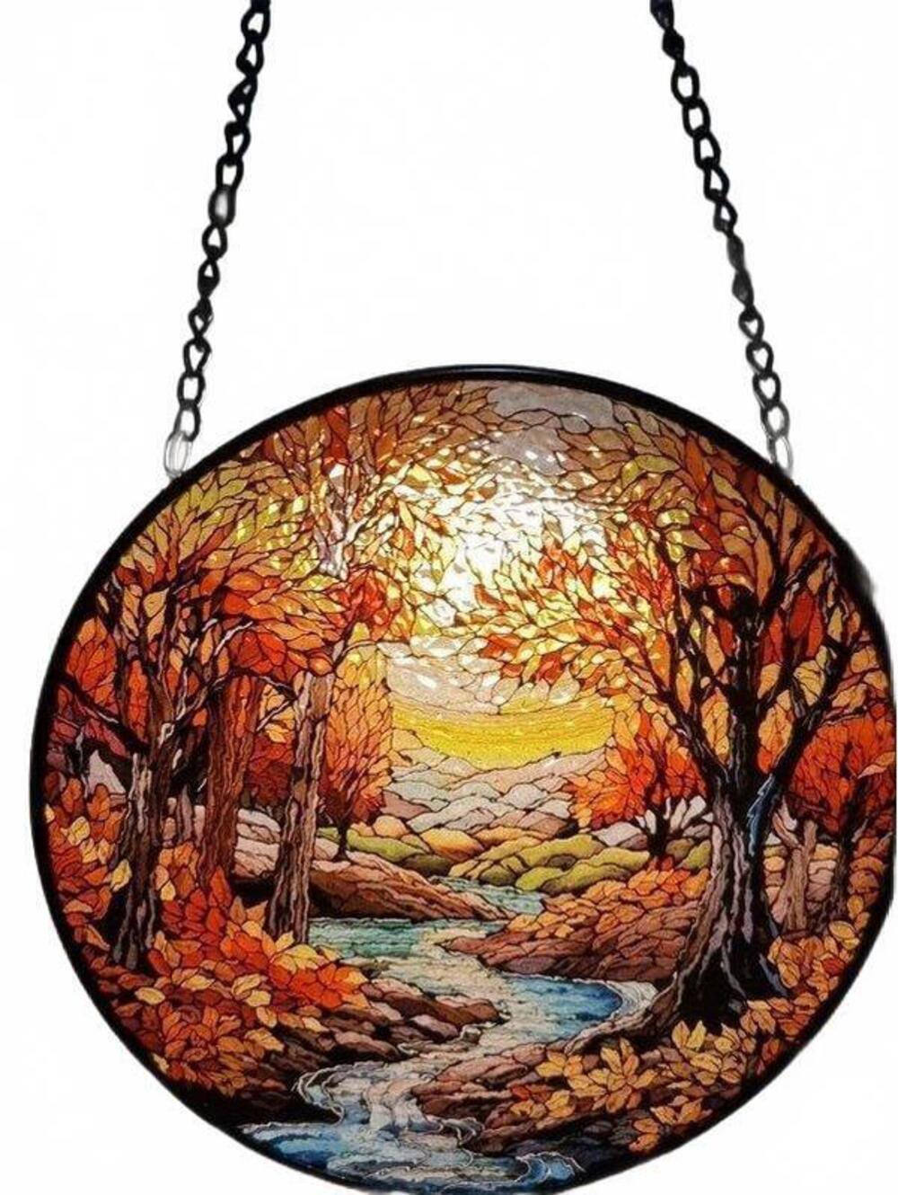 12" Round Autumn Landscape Stained Glass Hanging Sun Catcher Fall Tree